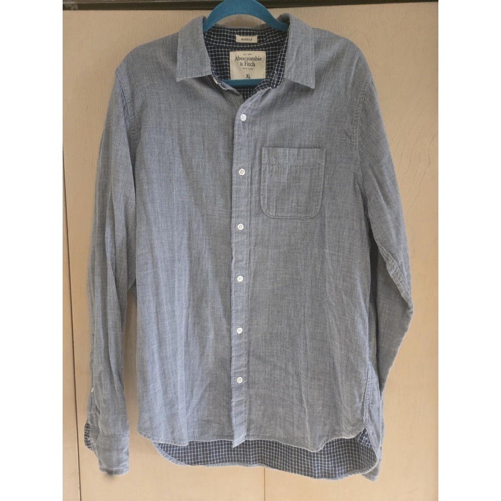 Abercrombie & Fitch Muscle Fit Chambray Button Up‎ Shirt Men's XL Blue Long...